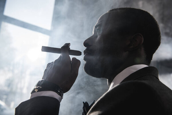 Вид сбоку на уверенного африканского американца, курящего сигару в помещении
 