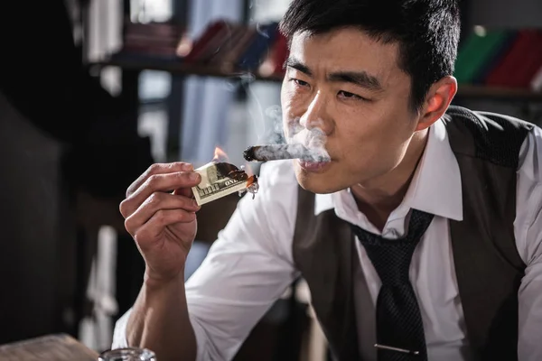 portrait of confident businessman smoking cigar with money in hand