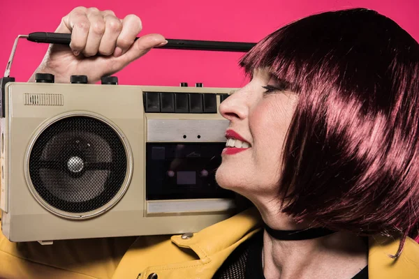 Senior woman with tape recorder — Stock Photo, Image