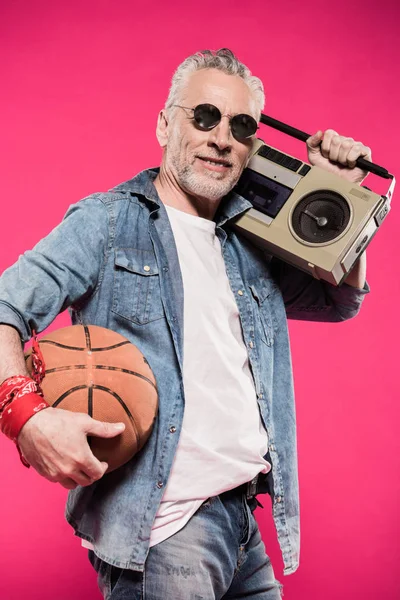 Man with tape recorder and basketball ball — Stock Photo, Image