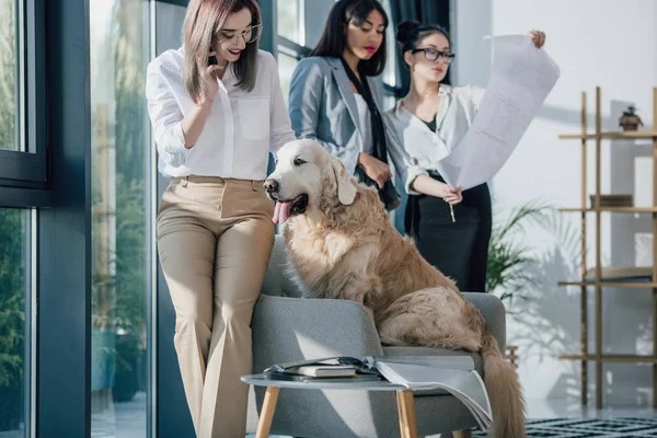 Επιχειρηματίες με σκύλο στο γραφείο — Φωτογραφία Αρχείου