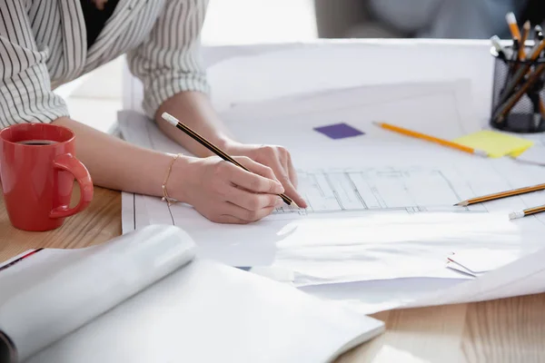 Businesswoman working with blueprints — Stock Photo, Image