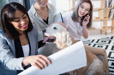 ofiste köpekle oynamayı çok ırklı iş kadınları