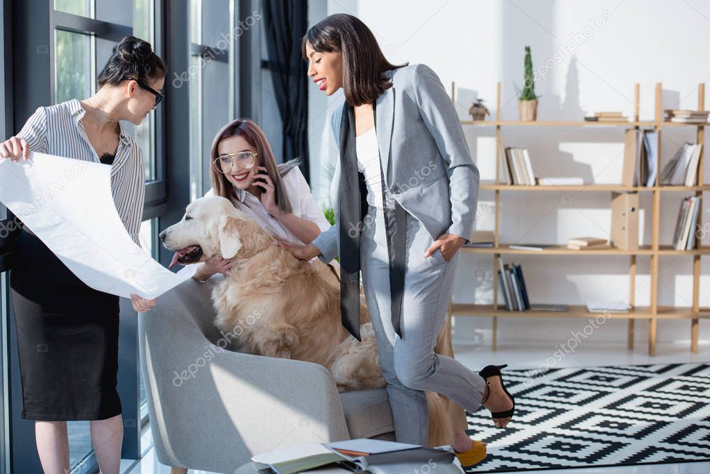multiethnic businesswomen playing with dog at office