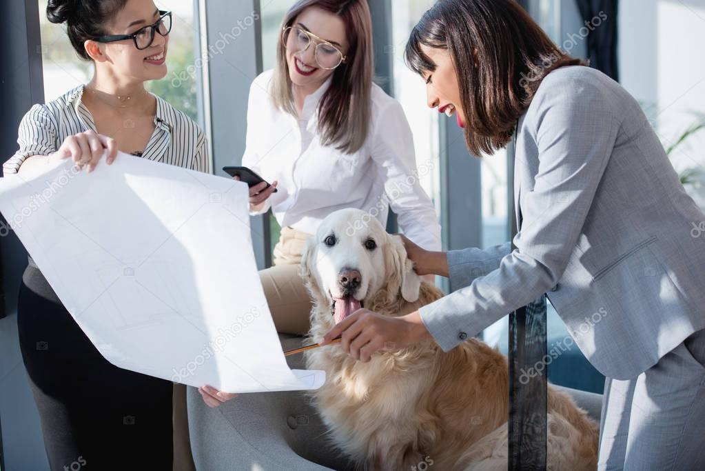 multiethnic businesswomen playing with dog at office
