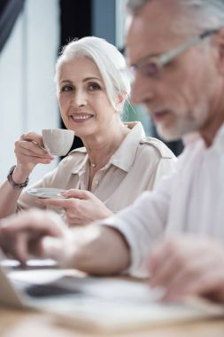 Dizüstü bilgisayarda çalışan kıdemli iş adamı