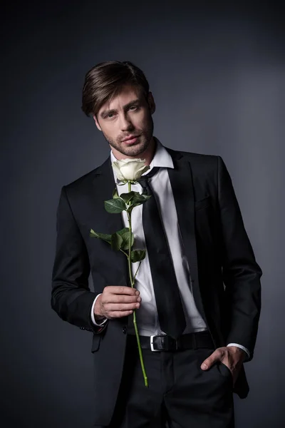 Homem de terno segurando rosa branca — Fotografia de Stock