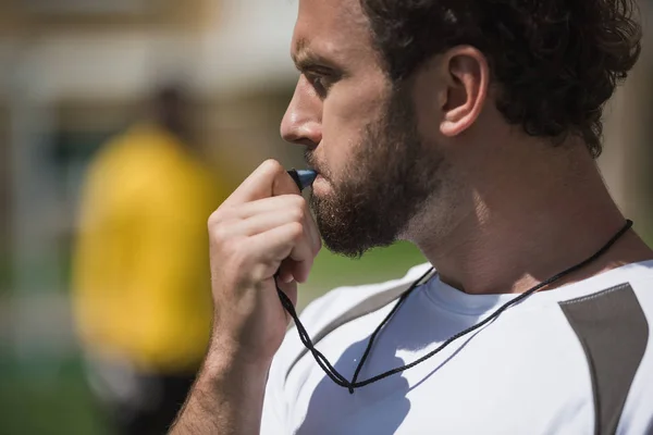 Soccer referee with whistle — Stock Photo, Image