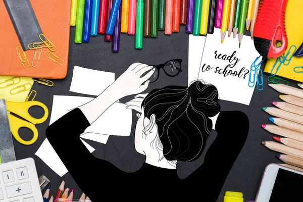 Kézzel rajzolt lány és iskola-berendezések — Stock Fotó