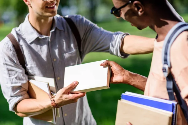 Multietniskt studenter med böcker i park — Stockfoto