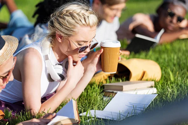 Estudiantes multiétnicos estudiando en el parque — Foto de Stock