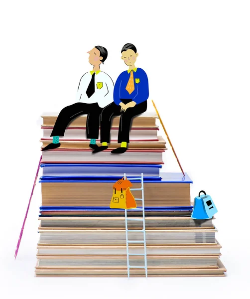 Pupils sitting on stack of books — Stock Photo, Image