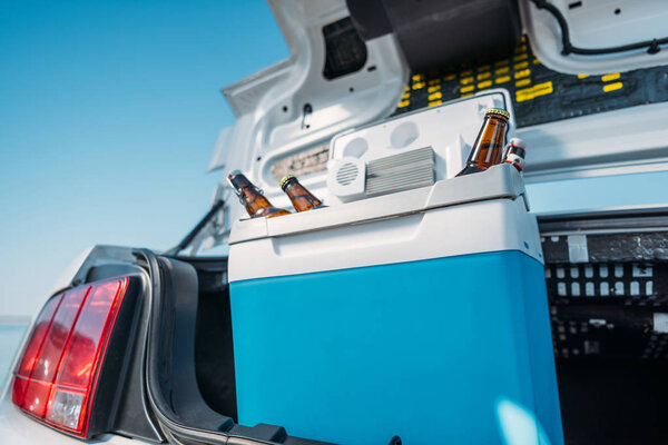 portable fridge with beer in car