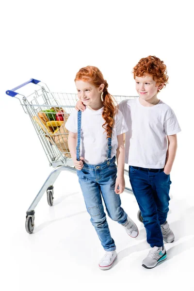 Redhead siblings with shopping trolley — Free Stock Photo