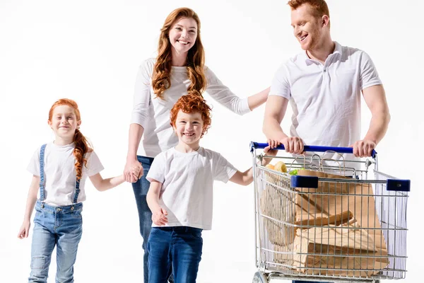 Met het winkelwagentje en gelukkige familie — Stockfoto