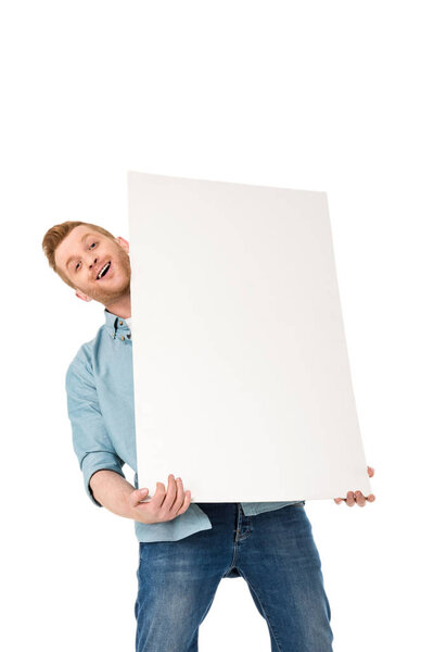 man holding blank banner