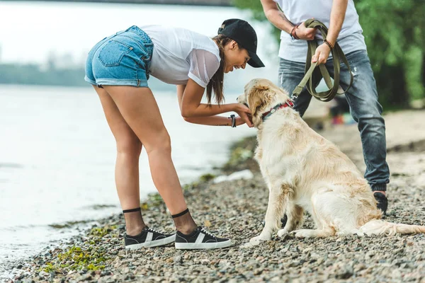 Пара на прогулке с собакой — стоковое фото