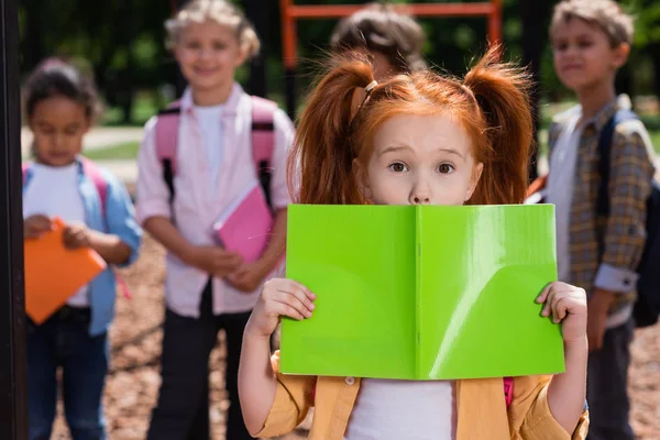 Kızıl saçlı çocuk holding kitap — Stok fotoğraf