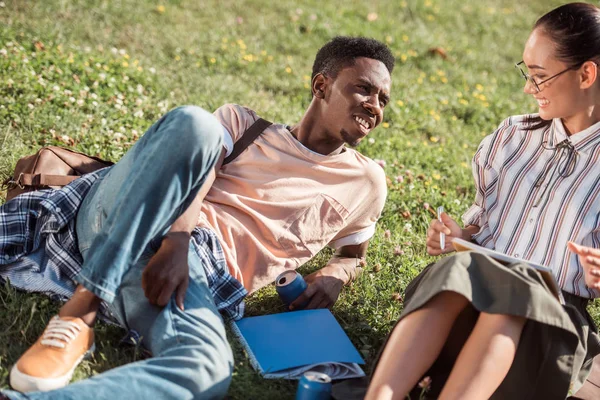 Multiethnic students studying on grass — Stock Photo, Image