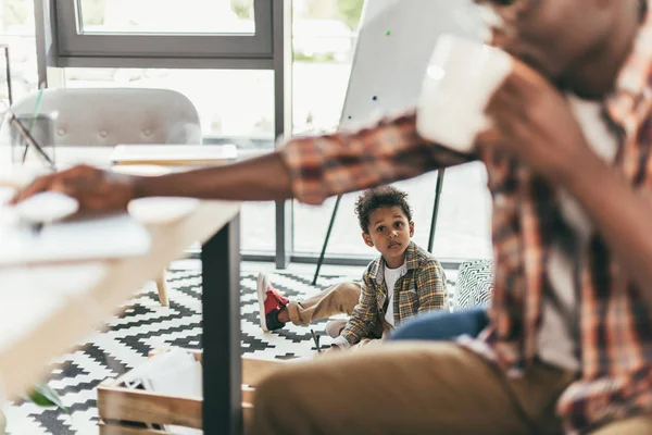 African american father and son in office — Stock Photo, Image