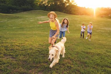 gençler ile parkta yürüyen köpek