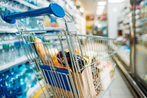 Shopping cart with purchases in supermarket — Stock Photo, Image