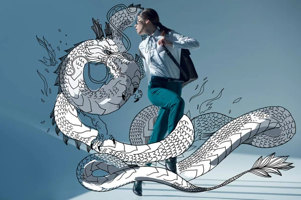 Stylish hipster woman with dragon — Stock Photo, Image
