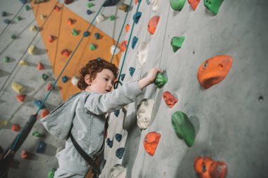 Little boy climbing wall at gym clipart