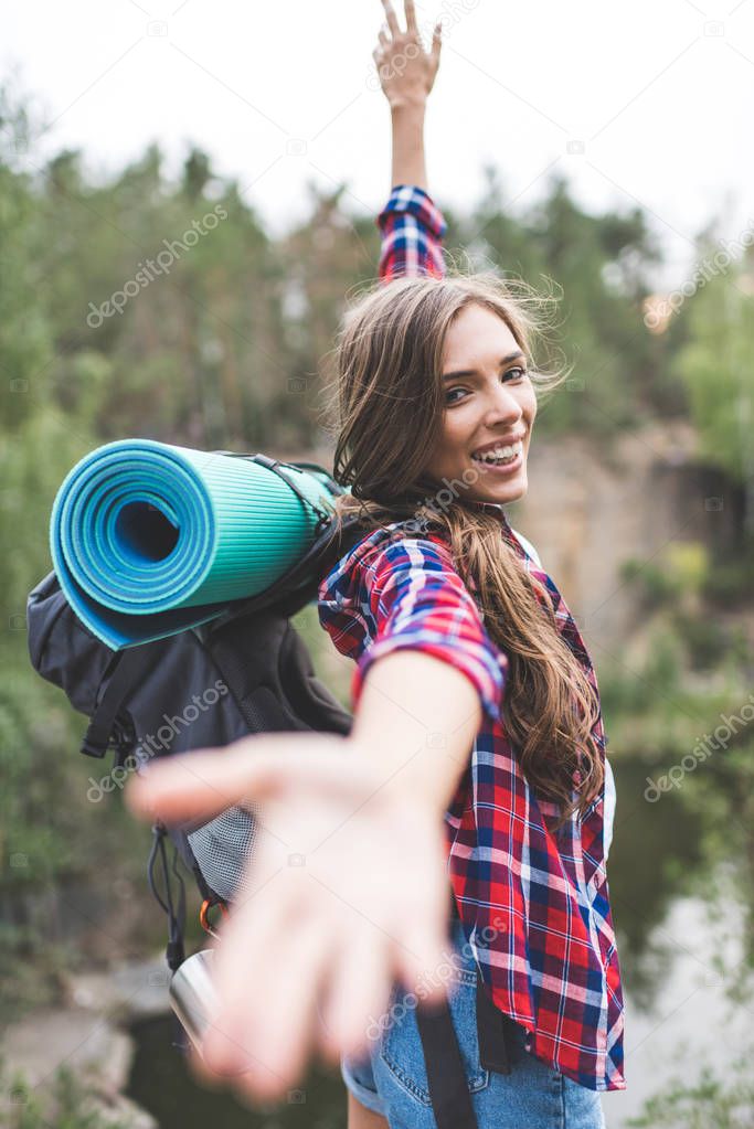 woman with trekking backpack