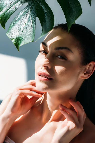 Yaprak altında duran genç kadın