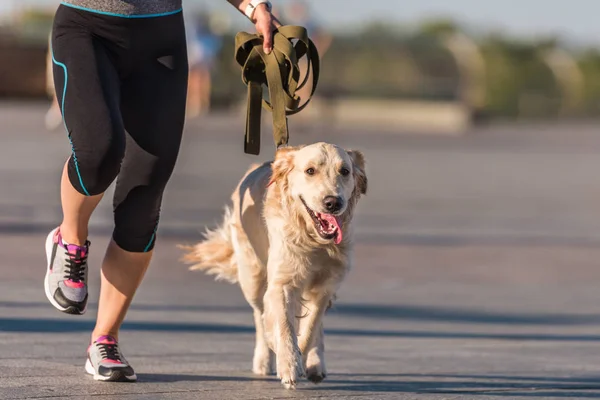 Sportswoman jogging with dog — Stock Photo, Image