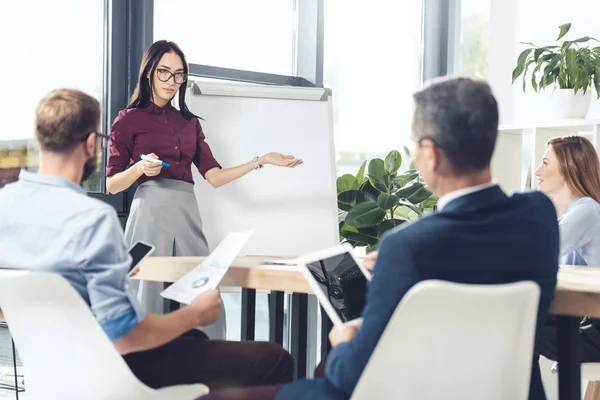 Zakenvrouw geeft presentatie — Stockfoto