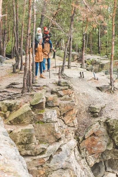 Familie steht auf Felsen im Wald — Stockfoto