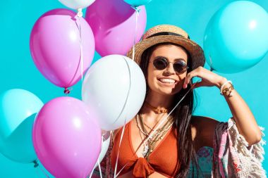 bohemian girl with helium balloons  clipart