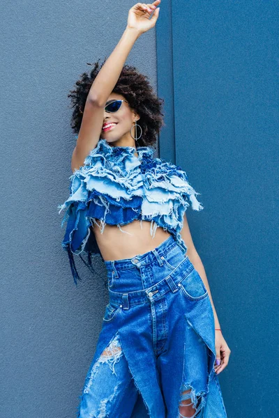 Afro girl posing in denim clothes — Stock Photo, Image
