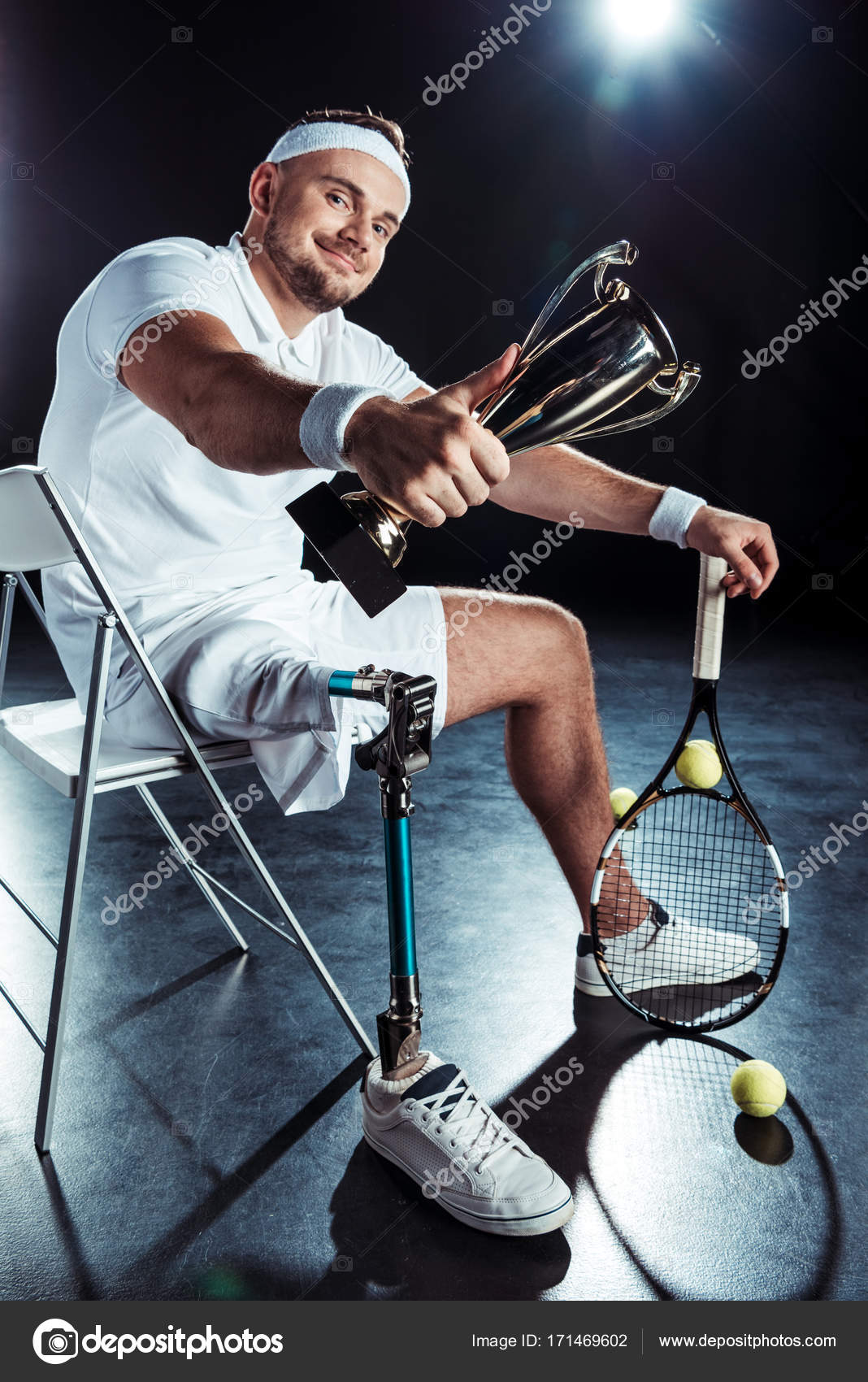 Paralympic Tennis Player With Champion Goblet Stock Photo