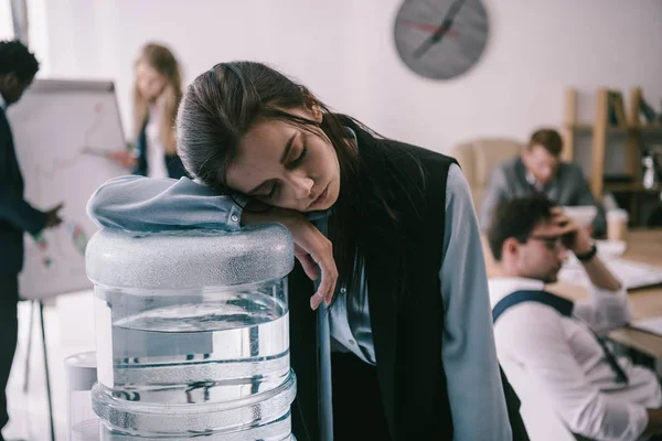 Exhausted Zombie Manager Leaning Water Dispenser Office — Stock Photo, Image