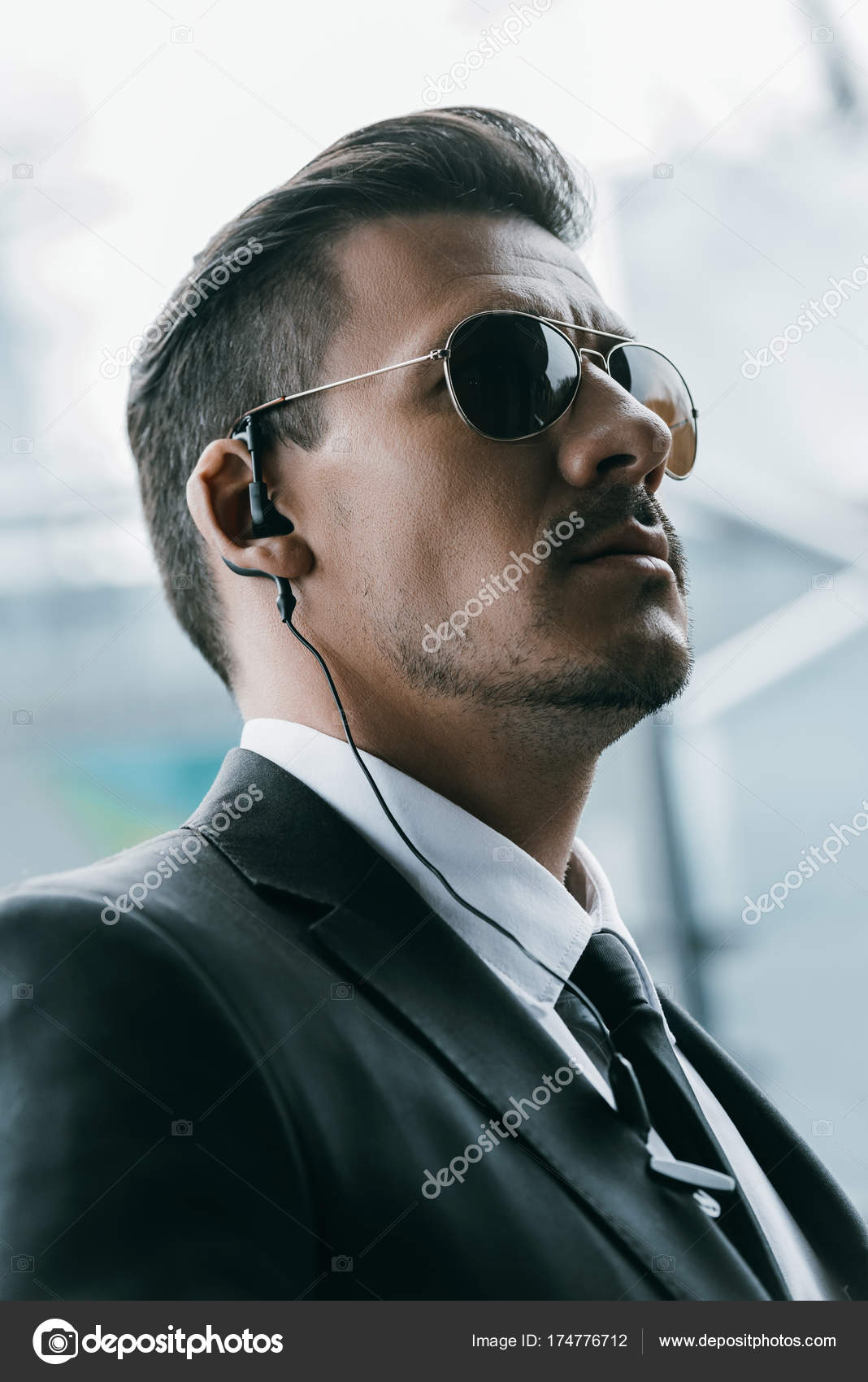 Portrait Handsome Security Guard Sunglasses Security Earpiece
