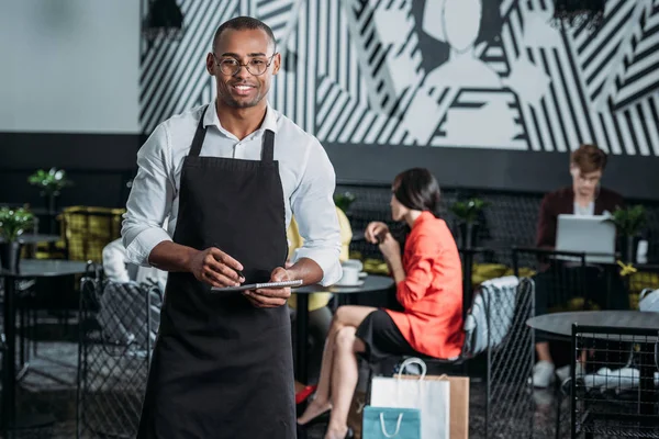 Handsome Young Waiter Apron Standing Cafe — Stock Photo, Image