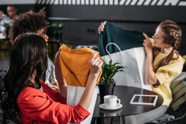 Young Women Showing New Dresses Each Other Shopping — Stock Photo, Image