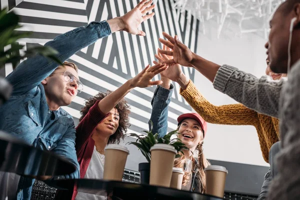 Bottom View Friends Giving High Five Cafe — Stock Photo, Image