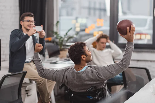 Man Taking Photo Invalid Ball Wheelchair Office — Stock Photo, Image