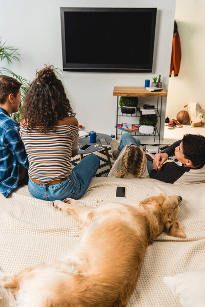 четверо подростков смотрят телевизор, а собака лежит на кровати
