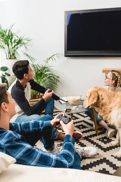 Meninos Jogar Vídeo Game Usando Tela Plana — Fotografia de Stock