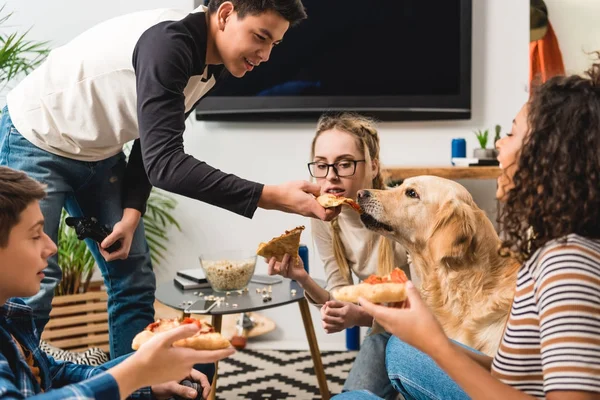 Teenager Giving Piece Pizza Dog — Stock Photo, Image