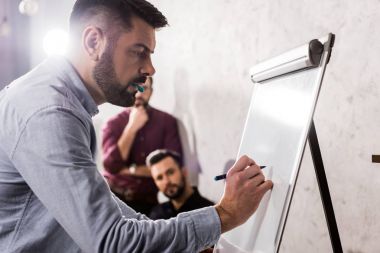 flipchart ofiste bir şey yazma işadamı