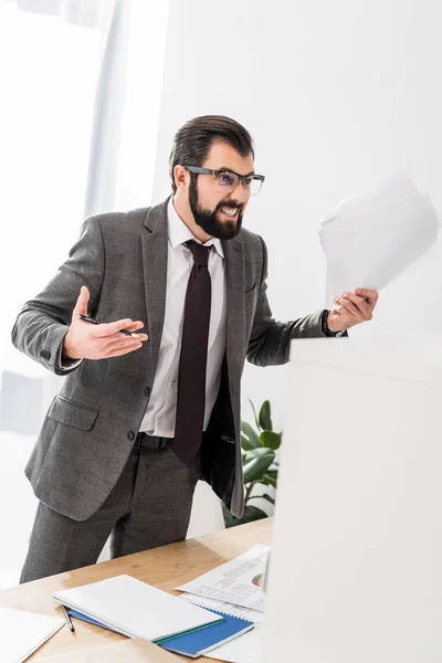 Irritated Businessman Holding Documents Screaming Someone — Stock Photo, Image