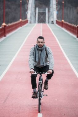 handsome adult man in sweater riding bicycle on pedestrian bridge clipart