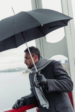 eşarp ve şemsiye köprüsü üzerinde paltoyla şık yetişkin adam