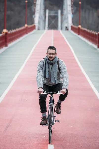 Hombre Adulto Guapo Suéter Bicicleta Montar Puente Peatonal — Foto de stock gratuita